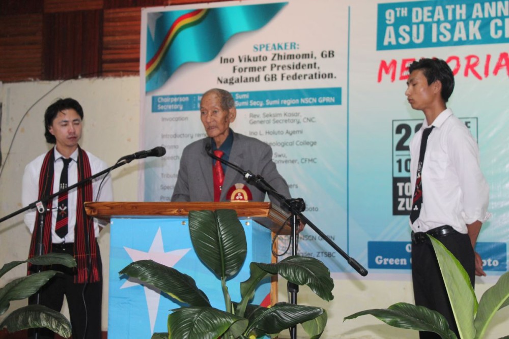 Vikuto Zhimomi, GB and Former President of Nagaland GB Federation addressing the attendees at Town Hall, Zunheboto on June 28. (Morung Photo)